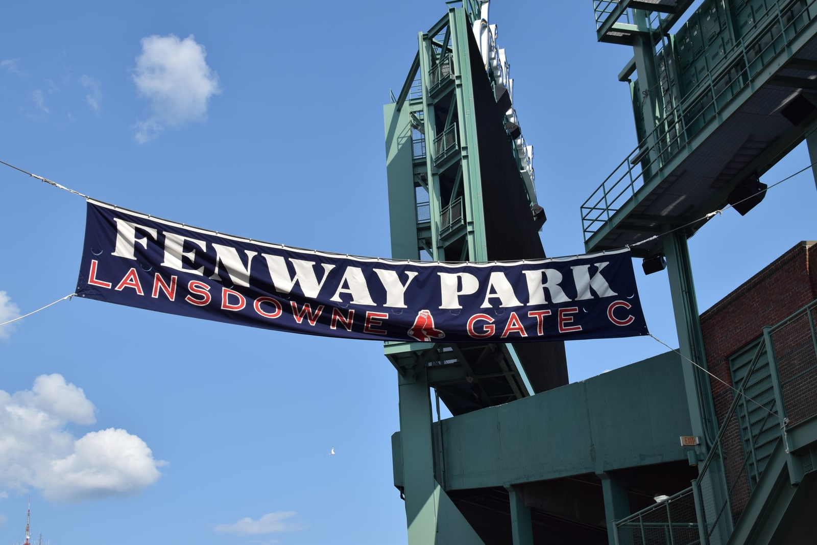 Fenway Park banner and green steelwork at the Lansdowne Gate C entrance